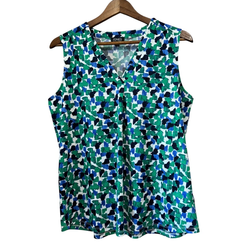 Jones New York Tank Top Womens M Blue Green Excellent Abstract V-Neck Shell